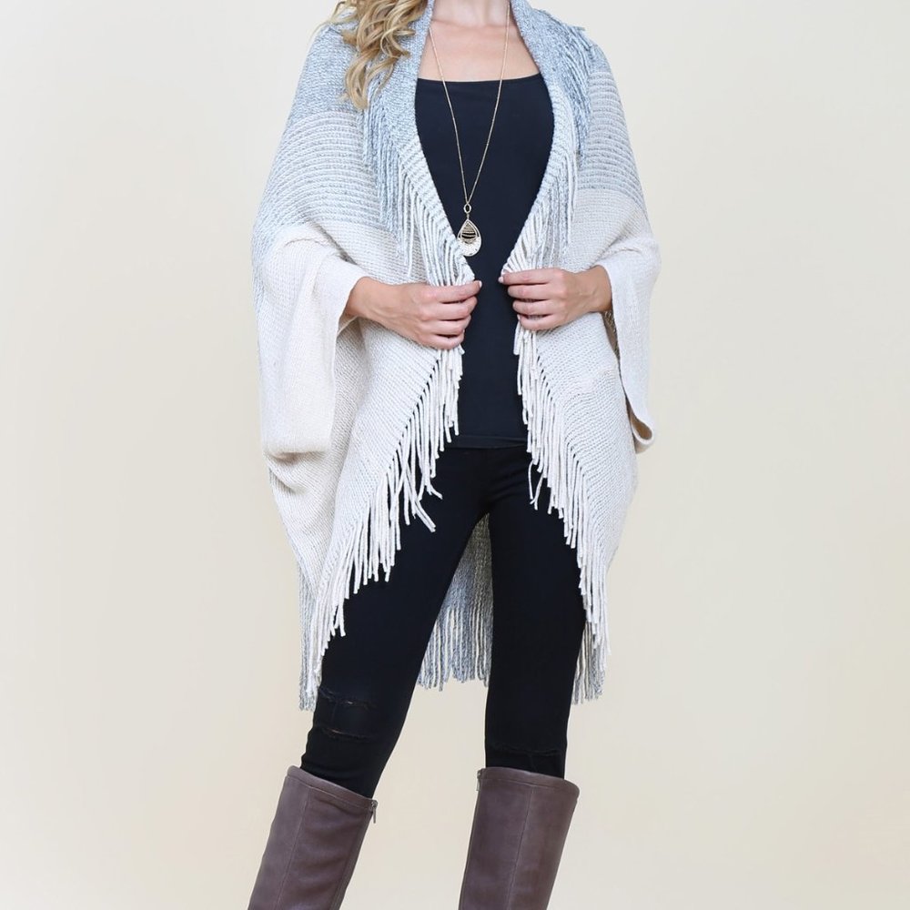 BEIGE THREE TONE RIBBED FRINGE CARDIGANS